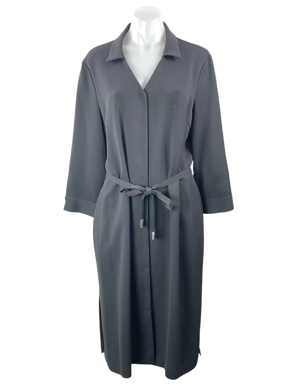 Biacci Women's Gray 3/4 Sleeves Belted Collared Midi Robe Shirt Dress Size 10
